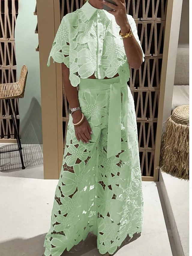 Women's Lace Shirt Wide Leg Pants Short Sleeve Shirt Collar