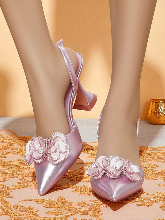 with Heels Pointed Satin Toe Pink Women's Floral