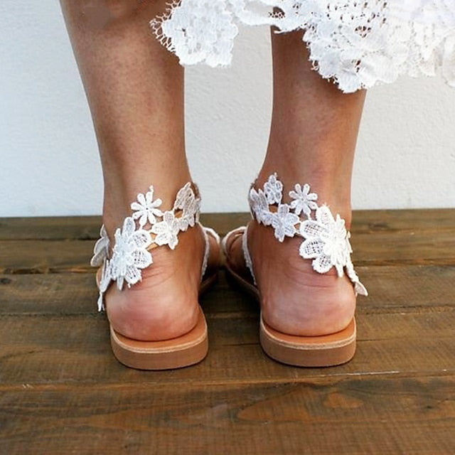 Floral Bridal Flat Lace Women's White Sandals with