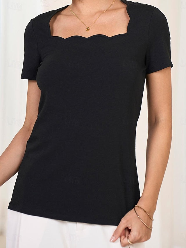Women's Scalloped Neckline T-shirt Short Sleeve Solid Color