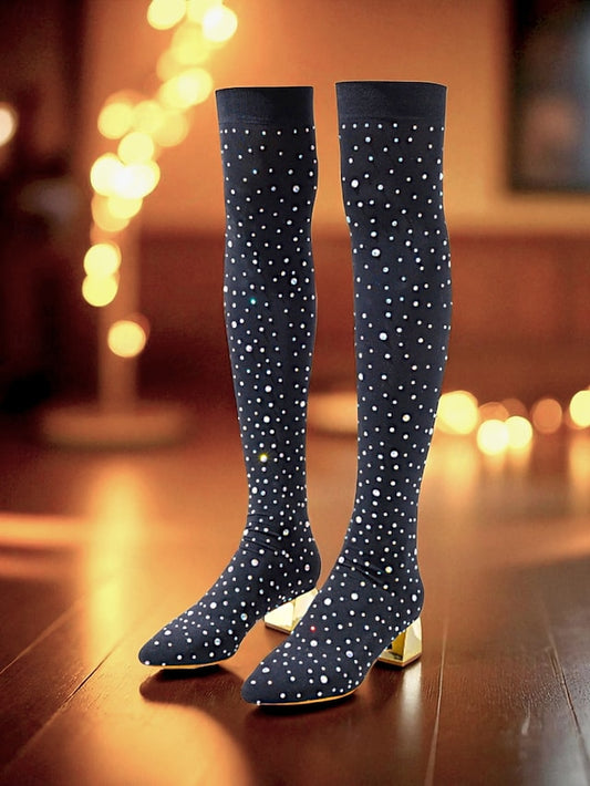 Pointed Black Boots with Women's Rhinestone Over-the-Knee