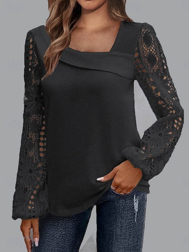 Women's White Elegant Lace Tops Eyelet Blouse Casual Solid