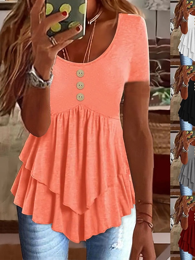 Women's Blouse Ruffle Buttons Solid Color Stylish Casual