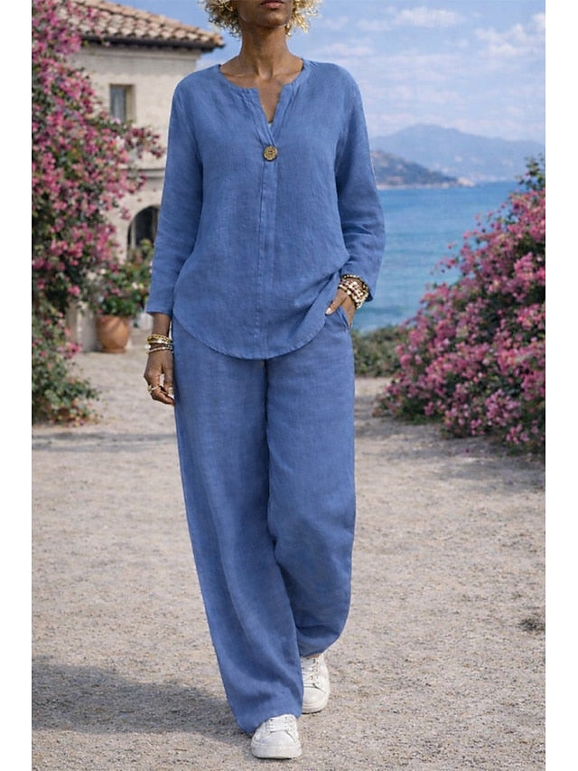 Women's Shirt Two Piece Sets Faux Cotton Linen Linen Pants