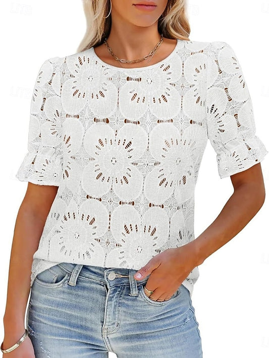 Women's T Shirt Lace Patchwork Plain Fashion Stylish