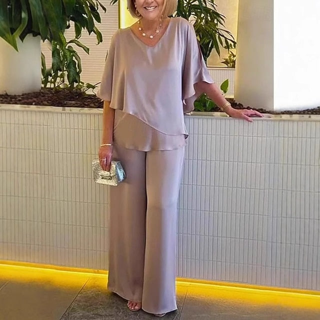 Women's Blouse Wide Leg Pants 3/4 Length Sleeve V Neck