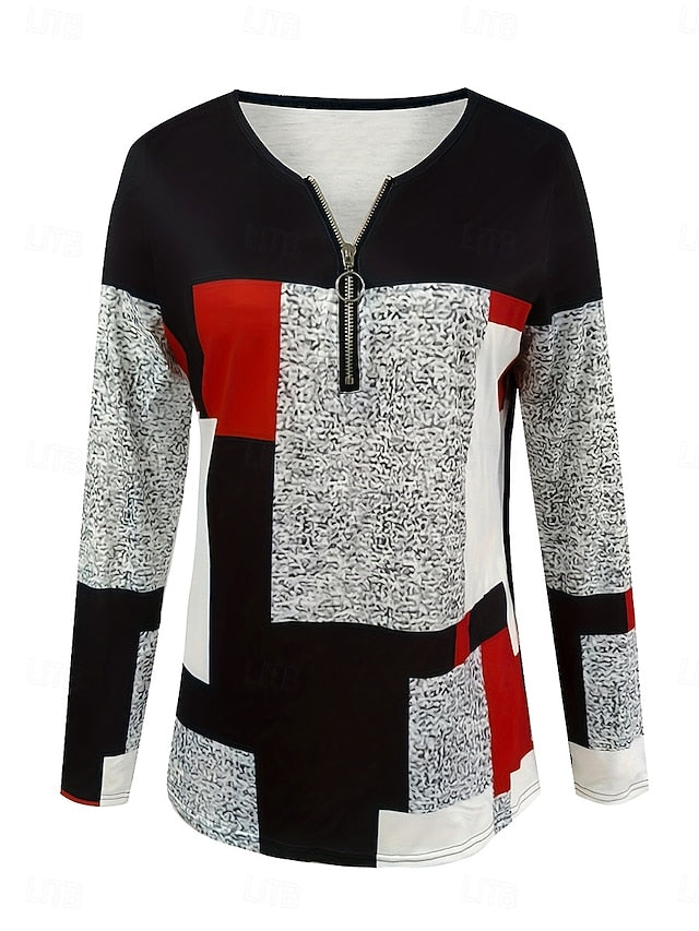 Women's T Shirt Zipper Print Graphic Geometric Color Block