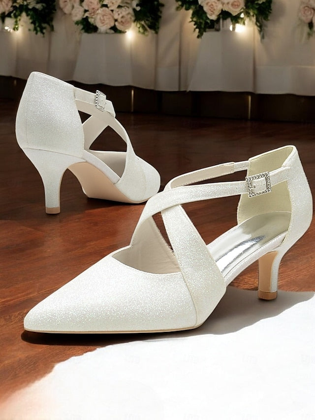 with Cross Heels Strap Buckle Kitten Glitter Rhinestone White