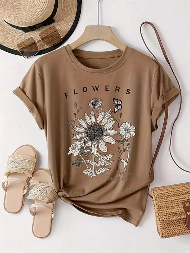 Women's T Shirt Print Sunflower Daisy Letter Fashion Basic