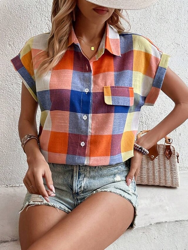 Women's Blouse Buttons Print Plaid Stylish Casual Short