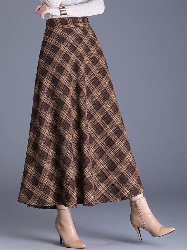 Women's Elegant Retro Vintage Maxi High Waist Skirts Plaid