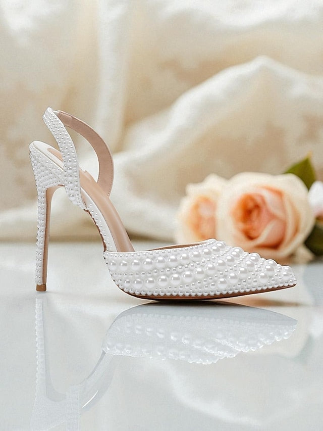 Leather - Heels Slingback Pearl-Embellished Women's White