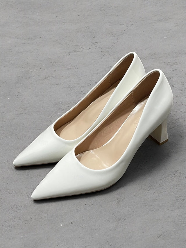 Green Leather Glossy Pumps Patent Heel Faux Block Pointed-Toe