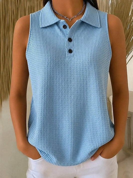 Women's Waffle Summer Tops Pocket Buttons Solid Color Color