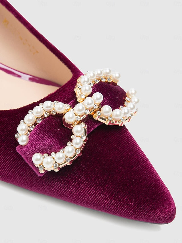 Bow Kitten - with Women's Burgundy Pearl Velvet Heel Pumps