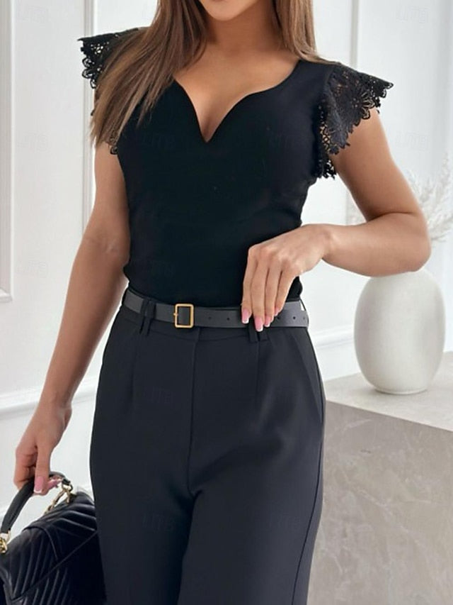 Women's T Shirt Dressy Tops Lace Plain Fashion V Neck Daily
