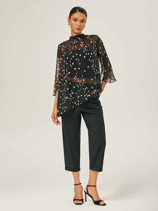 Black-Yellow Dot Asymmetric Chiffon Blouse