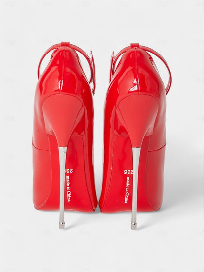Heels Patent Stiletto with Strap Leather Red Ankle Women's