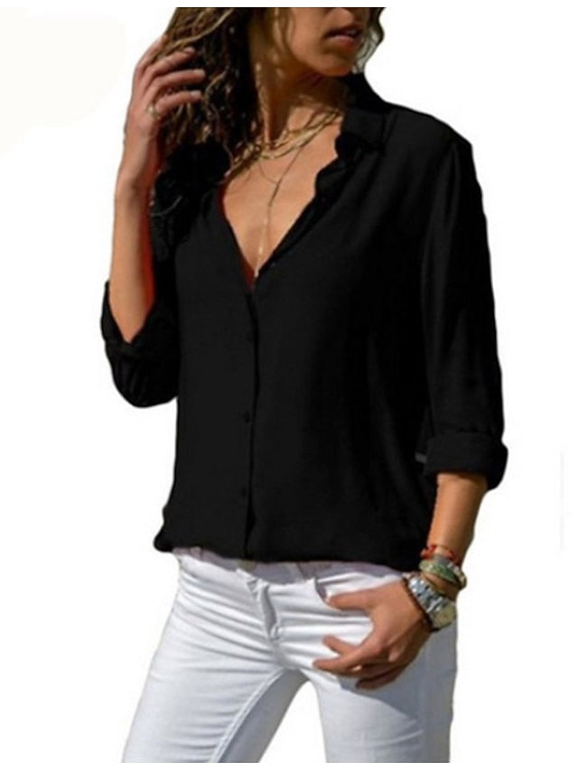 Women's Shirt Blouse Black White Blue Plain Long Sleeve