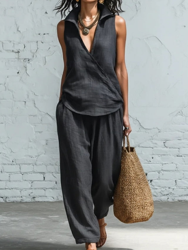 Women's Pants Sets Sleeveless V Neck Solid Color Fashion