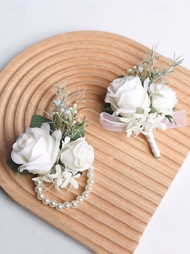 Set Corsage and Boutonniere – Wrist Elegant White Rose