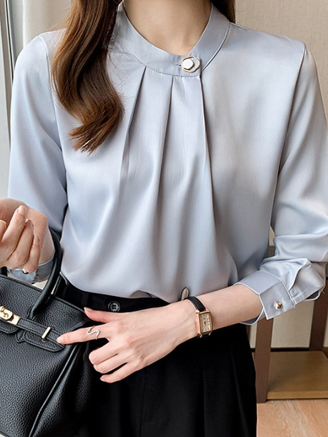 Women's Shirt Elegant Dressy Satin Top Ruched Buttons Plain