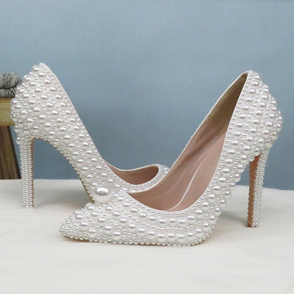 Pearl-Embellished Stiletto Purse Heels White and Round Set Pearl