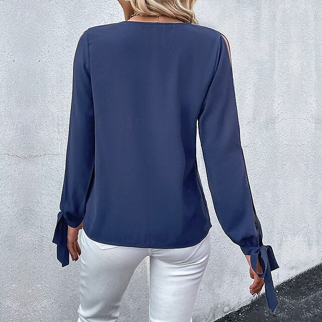 Solid Women's Top Cut Blouse Out Silky Tops Satin Elegant