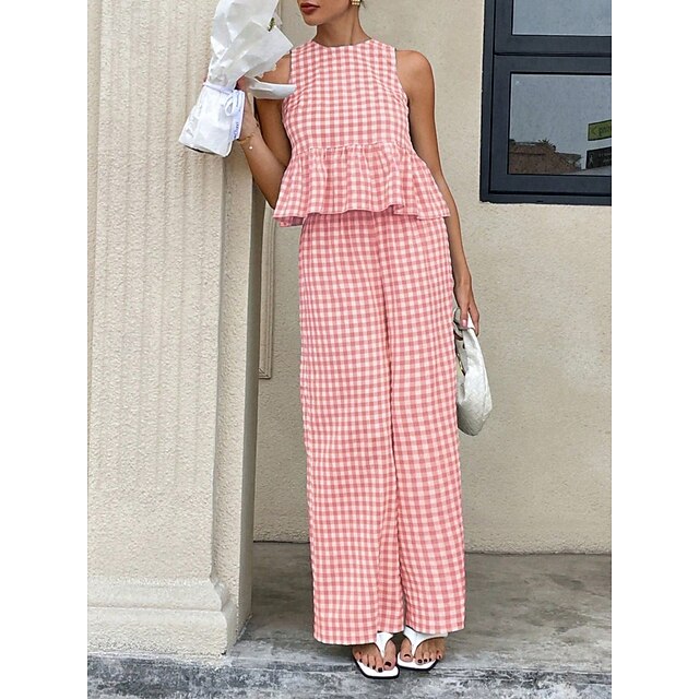 Women's Pants Sets Bolero Top Sleeveless Crew Neck Plaid