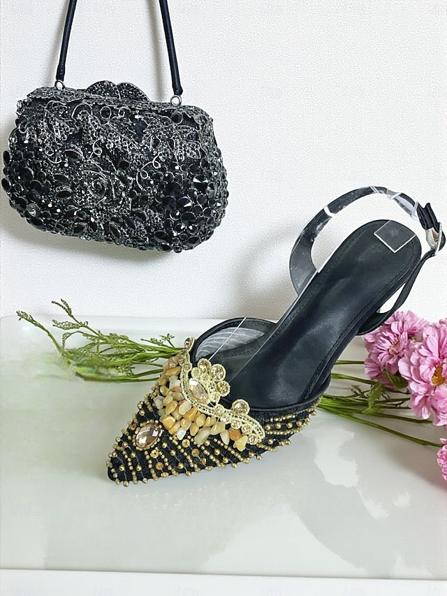 Green Women's Set Rhinestone Clutch Heel Bag and - Shoes