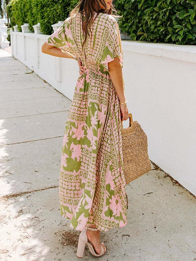 Women's Casual Dress Floral Split Print V Neck Long Dress