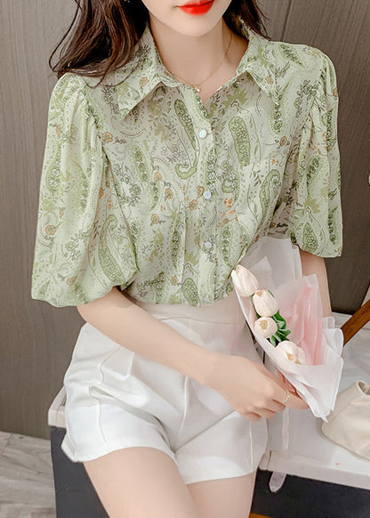 Pan Elegant Chiffon Shirt Peter Top Print Lantern Green Collar