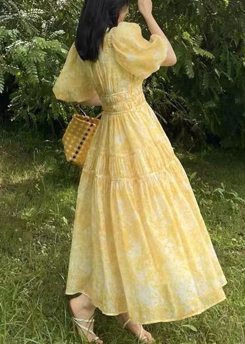 V Long Summer Print Bohemian Yellow Neck Chiffon Dress