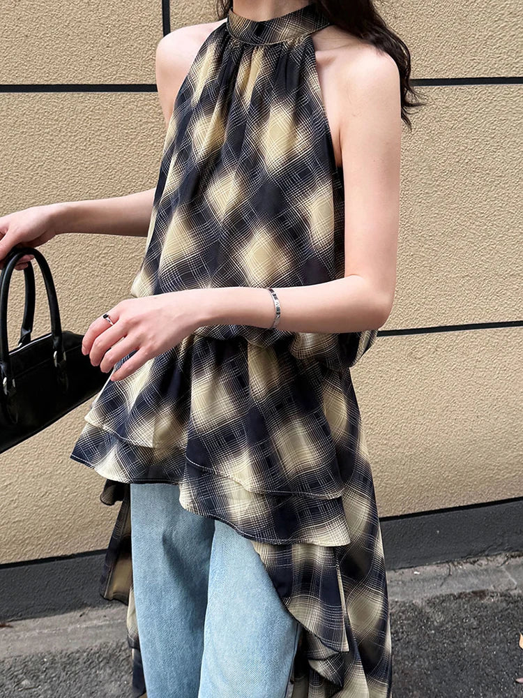 Asymmetric Khaki Plaid Neck Sleeveless Top High-Low Uniaue Halter