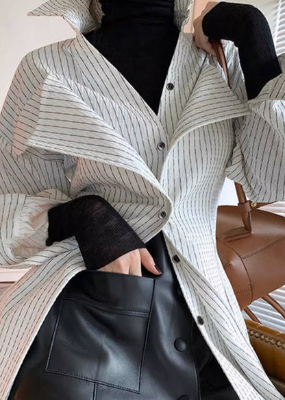 White Striped Design Shirt Original Art Cotton Button Spring