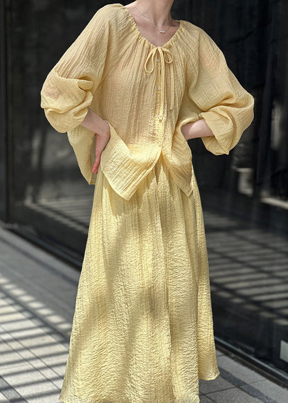 French Cotton Two And Up Pieces Set Skirts Yellow Tops Lace