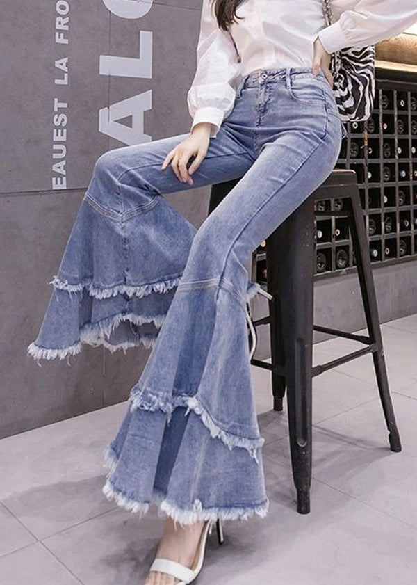 Denim Spring Stylish Tasseled Flared Patchwork Trousers Blue