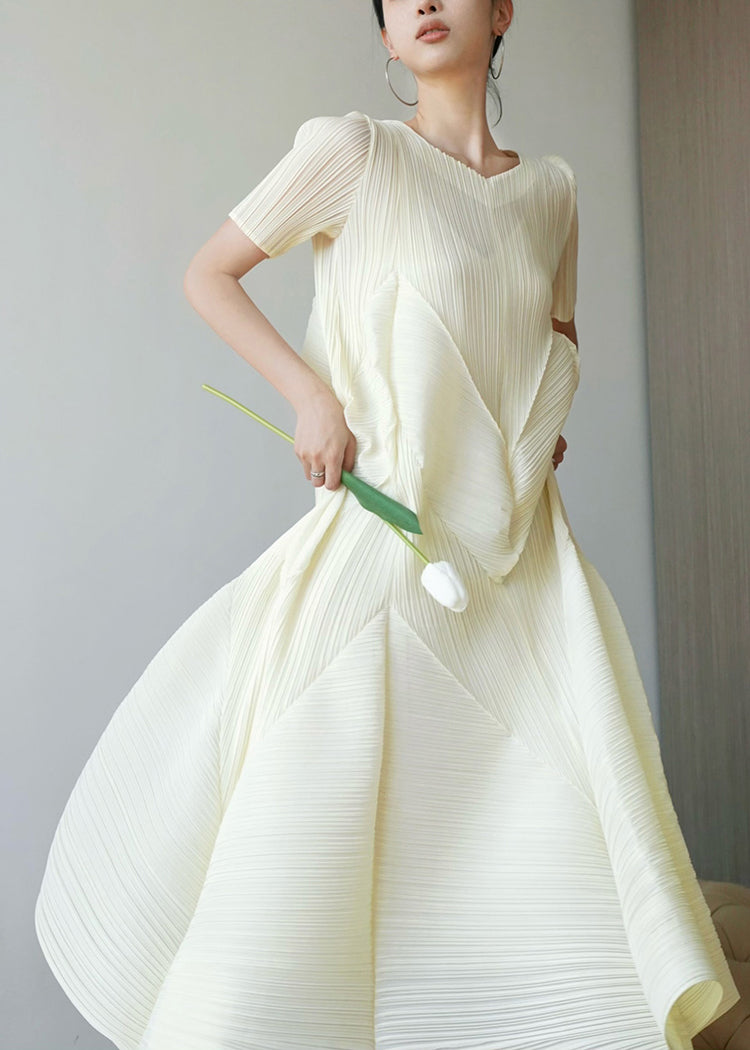 Cotton French Dresses Beige Style Summer Wrinkled