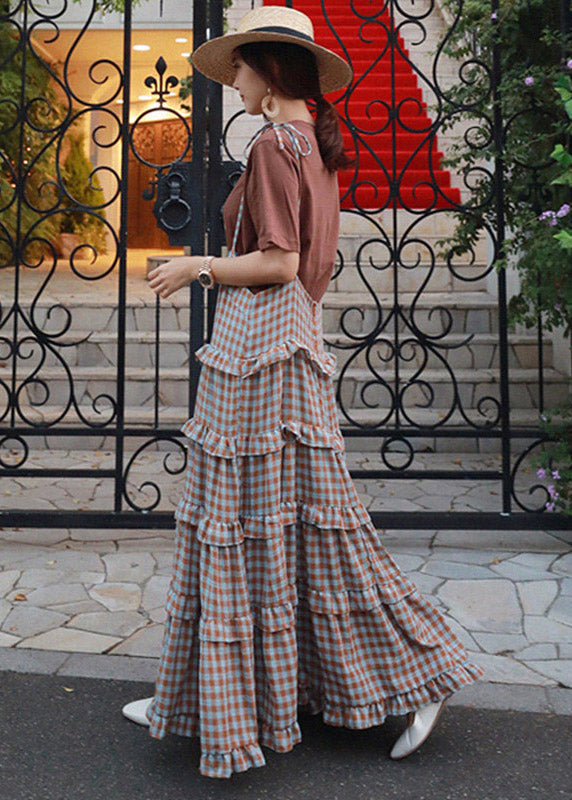 Blue Patchwork Sleeveless Plaid Ruffles Dress Long