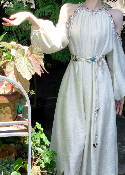 Apricot Bohemian Lantern Silk Cold Sleeve Shoulder Sequins Long