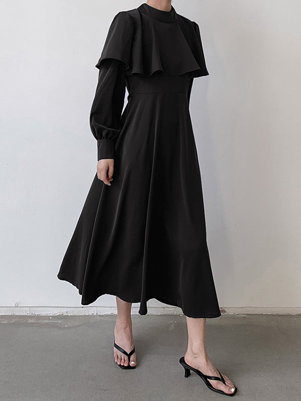 Ruffle Waist Long Mock Tied A-Line Elegant Trim Neck Coffee