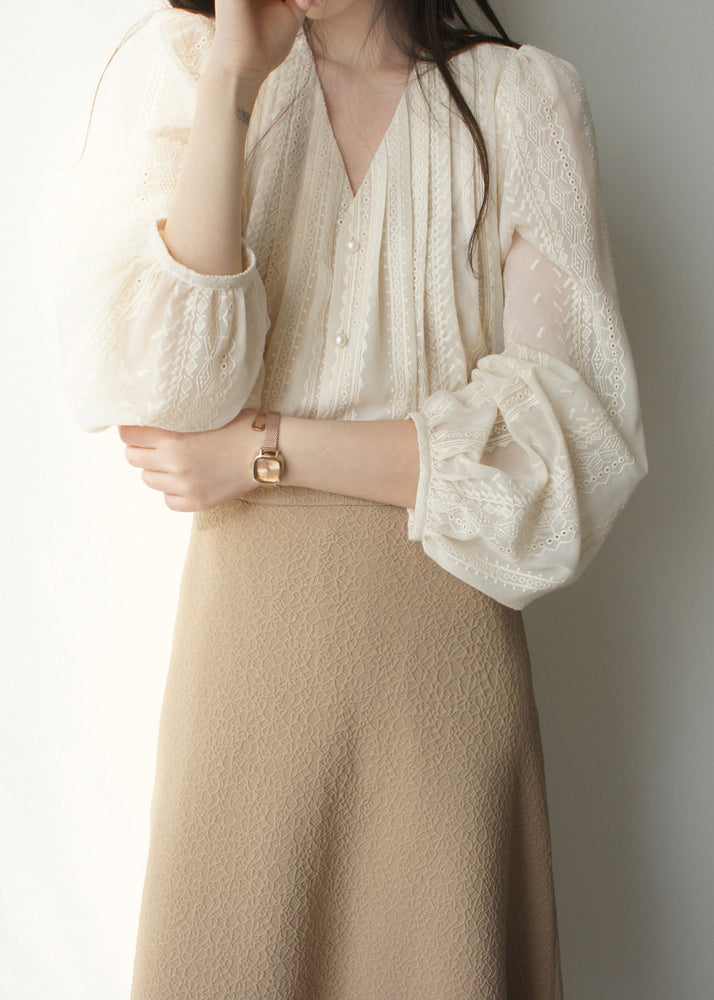 Lantern Art Embroidered Apricot Shirt Chiffon Sleeve