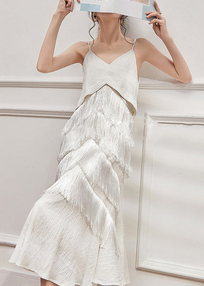 Strap Neck Sleeveless Spaghetti V Elegant Tasseled White Dress