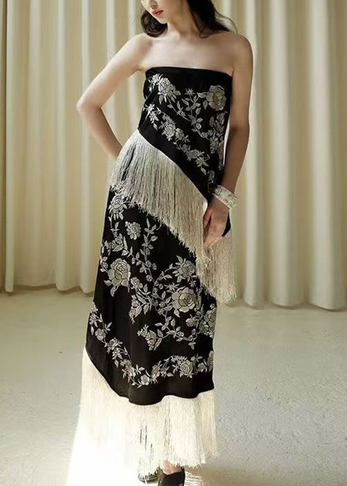 Black High Sleeveless Tasseled Patchwork Waist Novelty Dresses
