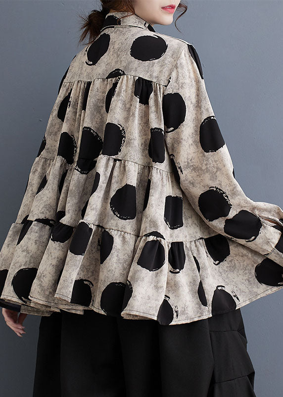 Plus Size Black Peter Pan Collar Dot Wrinkled Cotton Shirts Fall RY023