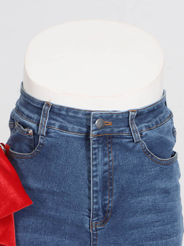 Red Chic Tied Straight Jeans High Waist Buttoned