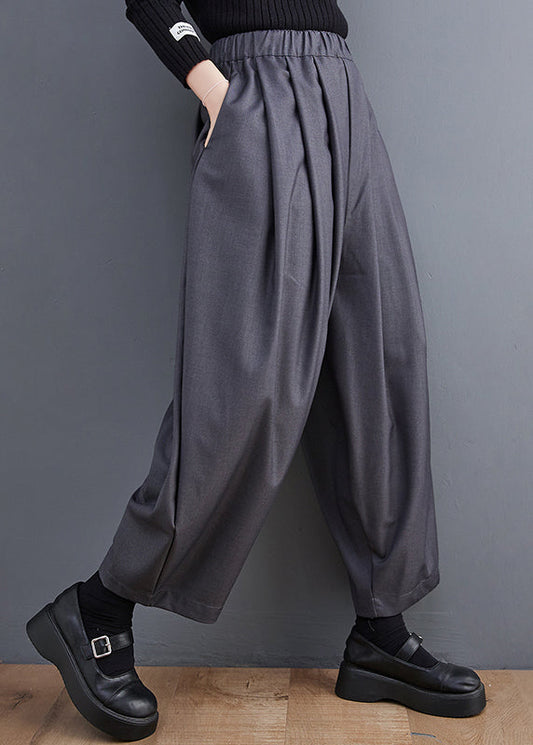 Pockets Crop Waist Elastic Cotton Spring Casual Grey Pants