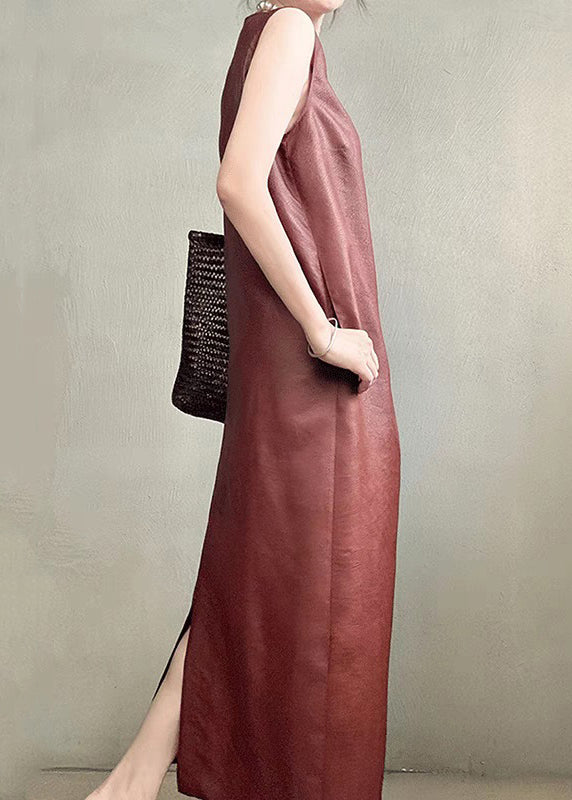 Open Side Sleeveless Long Back Elegant Red Dress Pockets Silk