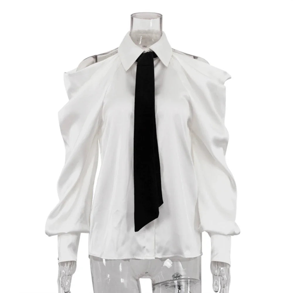 Satin Off Tie Top Sleeve Party Long Shoulder Lapel White with