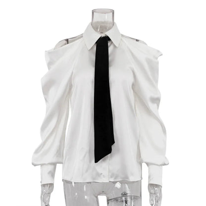 Satin Off Tie Top Sleeve Party Long Shoulder Lapel White with